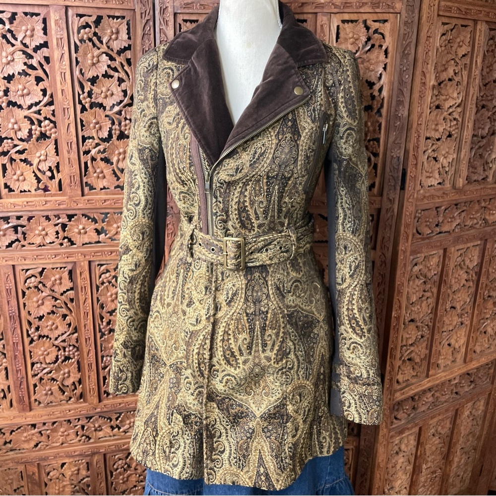 FREE PEOPLE Vintage Y2K Brown Paisley Belted Utility Trench Coat Duster Jacket - Picture 4 of 16